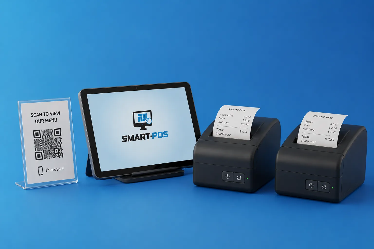 Windows-Tablet mit Küchen- und Thekendrucker plus Tisch-QR-Codes